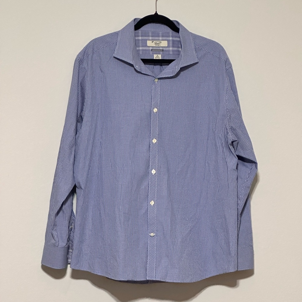 Original Penguin Blue White Slim Fit Checkered‎ Dress Shirt Size 18, 100% Cotton